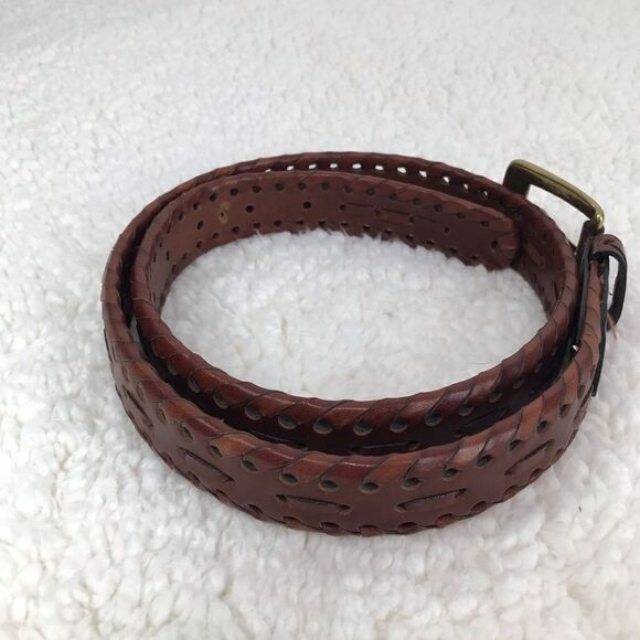 Brown Leather Brass Buckle Perforated Weave Belt - Picture 3 of 9